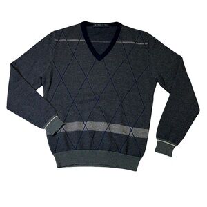 Etro Milano mens M Medium blue argyle plaid 100% wool v-neck pullover sweater